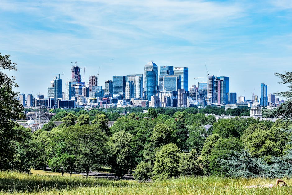 A panoramic cityscape featuring a dense cluster of modern skyscrapers and high-rise buildings, with reflective glass facades capturing the sky. In the foreground, there is a lush green park with tight